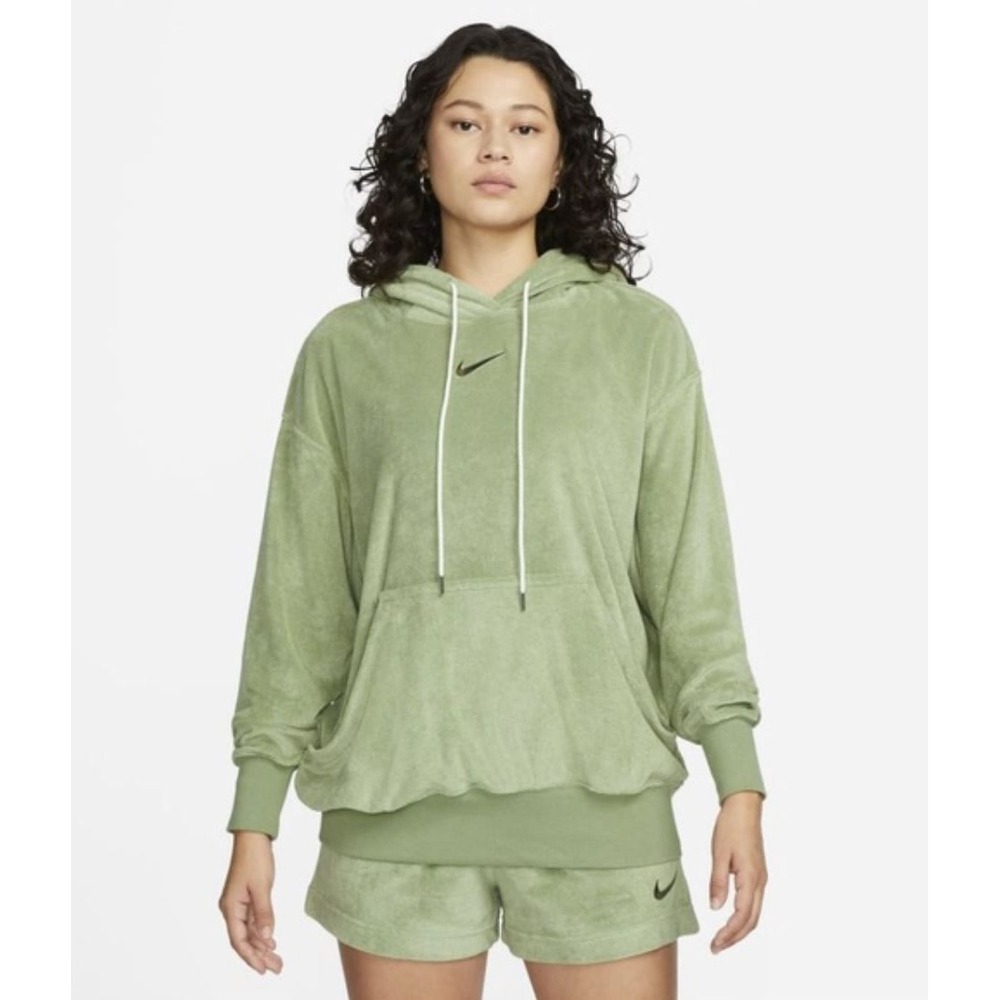 NIKE Sportswear French Terry Hoodie Center Swoosh Sage Green Womens Sz L